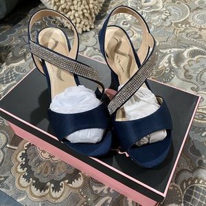 New in Box — Nina Navy Luster Satin heels with Rhinestone straps.